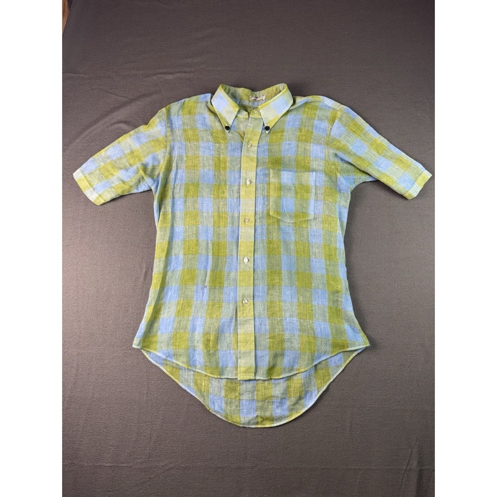Vintage 60s Plaid Button Down Shirt Permanent Press Mens Small Blue Green